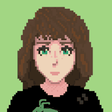 a pixel art drawing of a woman with brown hair and green eyes
