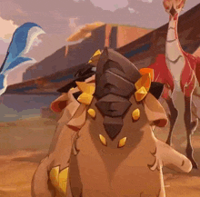 a group of cartoon animals are standing next to each other in a desert .