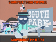 a cartoon character holding a guitar in front of a south park sign