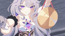 a girl with purple eyes is holding a gong and a stuffed animal