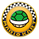 a mario kart logo with a green turtle in the middle .