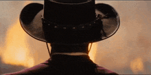the back of a man wearing a cowboy hat looking at a fire .
