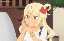 a cartoon of a girl talking on a cell phone with the words dehostudios on the bottom right