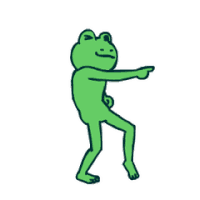 a green frog is dancing and pointing .