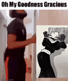 a meme of a man standing in front of a door with the words oh my goodness gracious below him