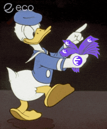 a cartoon of donald duck holding a fan of money