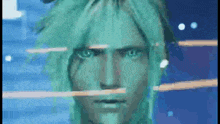 a close up of a video game character 's face in a blue background .