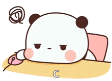 a cartoon panda bear is laying on a bed with a pink pillow and a swirl around its head .