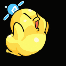a cartoon drawing of a yellow object with a blue circle in the background
