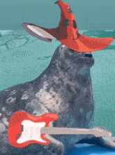 a seal wearing a witch hat and holding a red guitar
