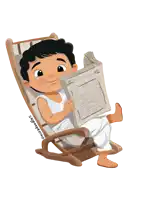 a cartoon of a boy sitting in a rocking chair reading a newspaper with arabic writing on it