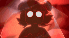 a cartoon character with glowing eyes is standing in a dark room