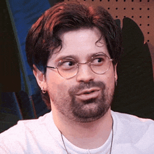 a man with glasses and a beard looks at the camera