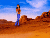 a cartoon of a woman holding a camera in a desert