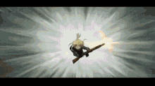 a girl is flying through the air while holding a rifle .
