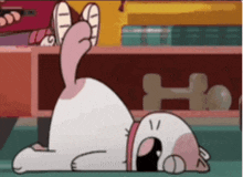 a cartoon cat is laying on its back with its tail hanging out