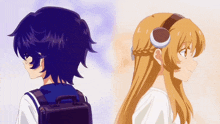 a boy and a girl are standing next to each other with their backs to the camera