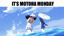 two girls holding umbrellas in the water with the words " it 's motoha monday "