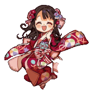 a cartoon drawing of a girl wearing a red kimono with polka dots