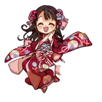 a cartoon drawing of a girl wearing a red kimono with polka dots