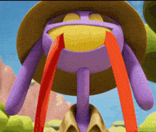 a purple and yellow cartoon character with red lines coming out of it 's mouth