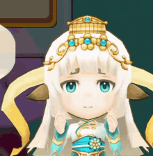 a cartoon character with white hair and blue eyes is wearing a crown