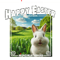a picture of a white rabbit with the words happy easter written above it