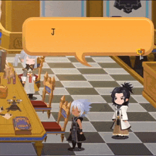 a cartoon character with a speech bubble that says j on it