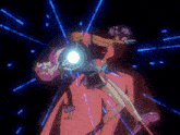 a woman in a red dress is surrounded by blue light