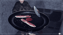 a person cooking bacon in a frying pan with a knife