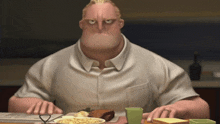 a cartoon character sitting at a table with food