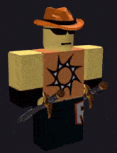 a roblox character wearing a cowboy hat and sunglasses holding two swords