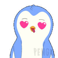 a blue and white penguin with pink heart shaped eyes and the word penguin below it