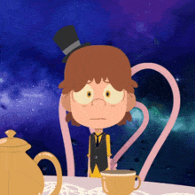a cartoon character is sitting at a table with a teapot and a cup