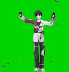a 3d anime character is standing in front of a green screen and making a peace sign .