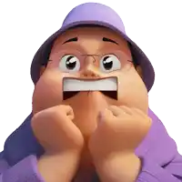 a cartoon character wearing glasses and a purple hat making a surprised face