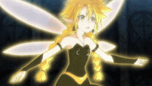 a fairy with yellow hair and white wings is standing in the dark