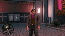 a man in a suit is standing in front of a building with the letter n on it