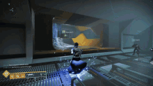 a screenshot of a video game shows a character with a sword and a gun