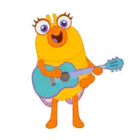 a cartoon character is holding a blue guitar and singing