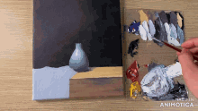 a painting of a vase is being painted by a person