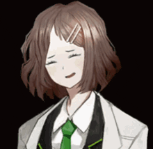 a girl with brown hair and a green tie