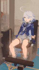 a girl is sitting on a machine with her legs crossed