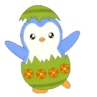 a blue and white penguin in a green egg with orange flowers on it