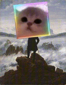 a painting of a man standing on a rock with a cat 's face on top of his head