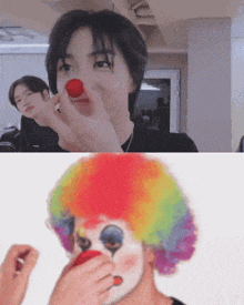 a clown with a red nose and a rainbow wig