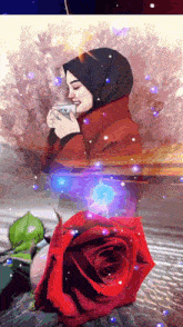 a woman in a hijab sits next to a red rose holding a cup of tea