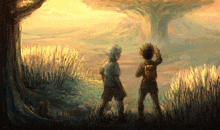 a painting of two children standing in a field