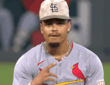 a baseball player wearing a cardinals jersey and a hat with the letter s on it