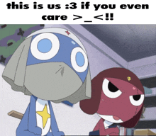 two cartoon characters are standing next to each other with the caption " this is us 3 if you even care >_< "